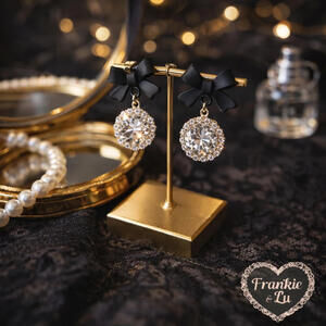 Black Bow Rhinestone Drop Earrings Coquette Balletcore Y2K Dangle Studs